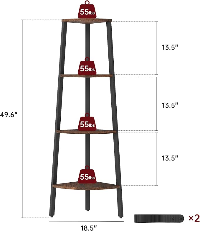 Corner Shelf, 4 Tier Ladder Corner Bookshelf, Display and Bookshelf Stand Unit, Anti Tip Feature, Space Saving, Ideal for Plants, Books, Living Room, Bedroom, Rustic Brown