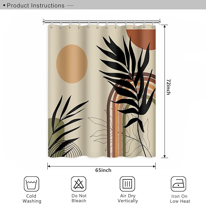Mid Century Bohemian Bathroom Shower Curtain - Eucalyptus Leaves Colorful Arch Sun Shower Curtain with Hooks, Waterproof Polyester Fabric, 65x72 Inch