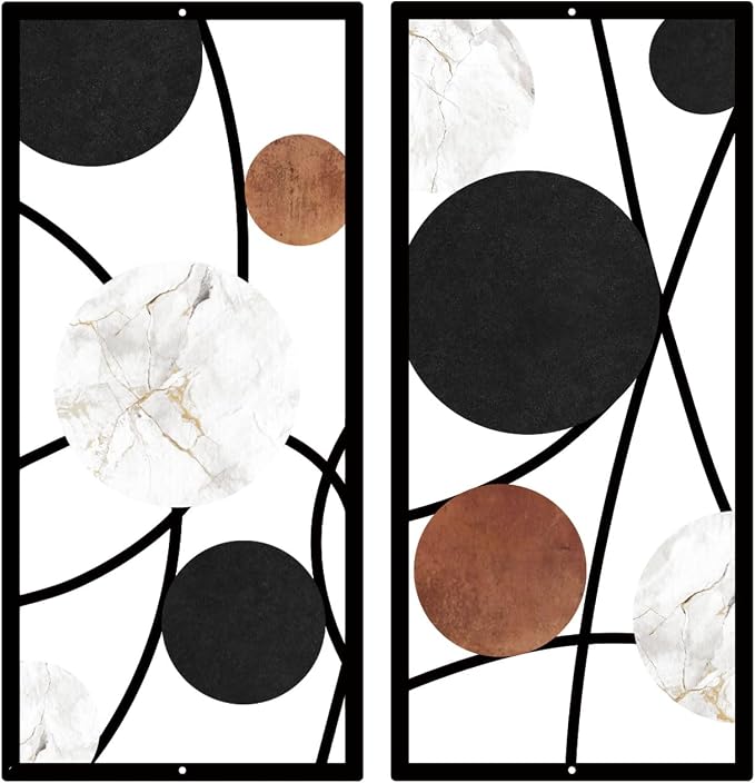 ruelen 2 Pieces Metal Wall Art,Abstract Geometric Circle Decor with Marble Texture, Modern Minimalist Black White Brown Wall Sculpture for Living Room,Bedroom,Office