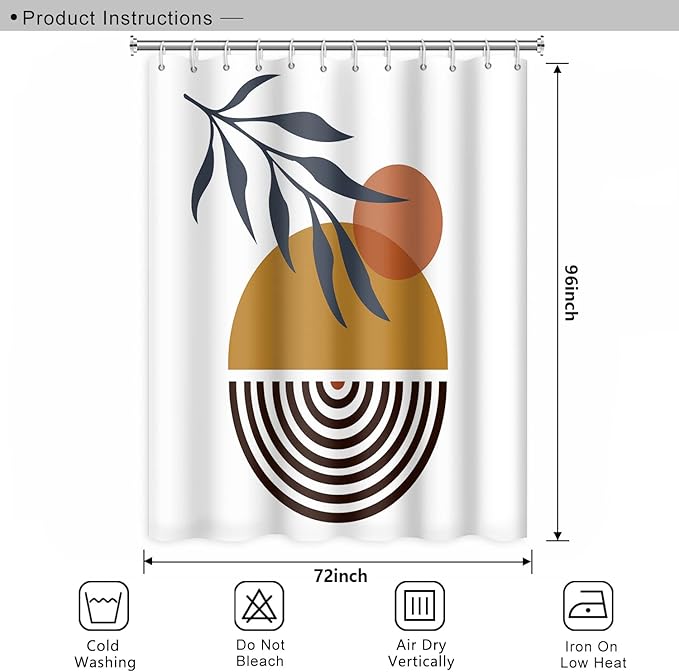 Mid Century Bohemian Bathroom Shower Curtain - Abstract Circle Eucalyptus Leaves Sun Boho Design With Hooks, Waterproof Fabric Polyester, Aesthetics Home Decor, 72x96 Inch