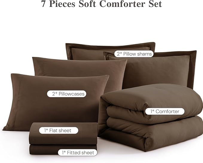 WRENSONGE Queen Comforter Set- 7 Pieces Soft Chocolate Brown Bed in a Bag with Fitted Sheet, Flat Sheet, 2 Pillow Shams, and 2 Pillowcases- Warm Bedding Sets Queen for All Season