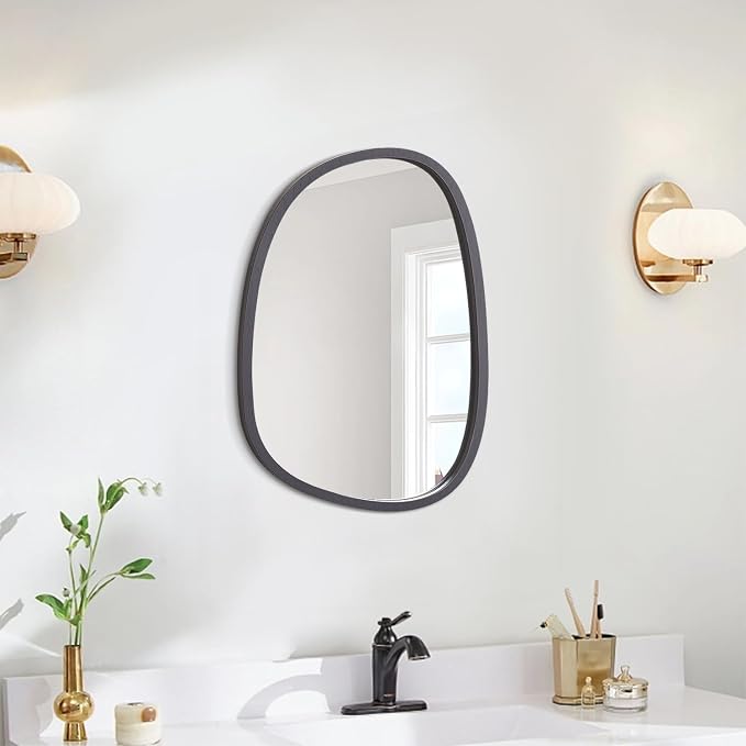Gery Mirrors for Wall Asymmetrical Wood Frame Oval Hanging Mirror Unique Irregular Modern Mirror for Entryway Hallway Living Room Bedroom Vanity Decorative Artistic Wall Mirror