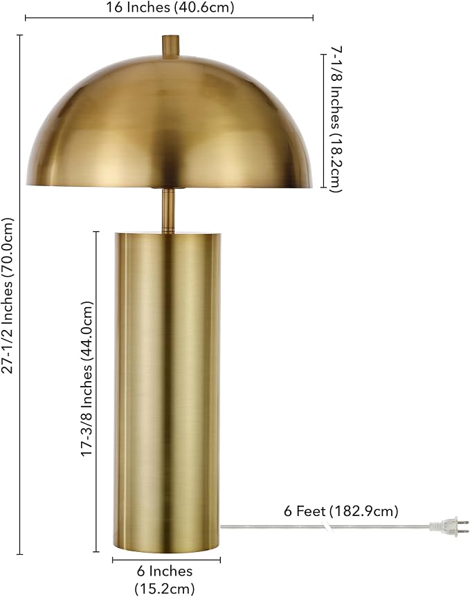 Henn&Hart 27" Mid-Century Modern 1-Light Table Lamp with Gold Metal Dome Shade for Living Room, Bedroom, or Office, Gold