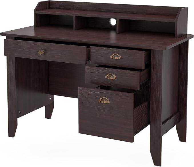 48" Vintage Computer Desk with 4 Storage Drawers & Top Hutch, Home Office Workstation with Drawer & Monitor Stand, Wooden Study Work Writing Table (Brown)