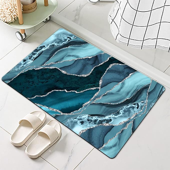 Diatomaceous Earth Bath Mat,Blue and Silver Marble Non-Slip Volume Super Absorbent Fast Drying for Bathroom Kitchen Door mat,Eco-Friendly Easy to Clean 16×24Inch (40 * 60cm)