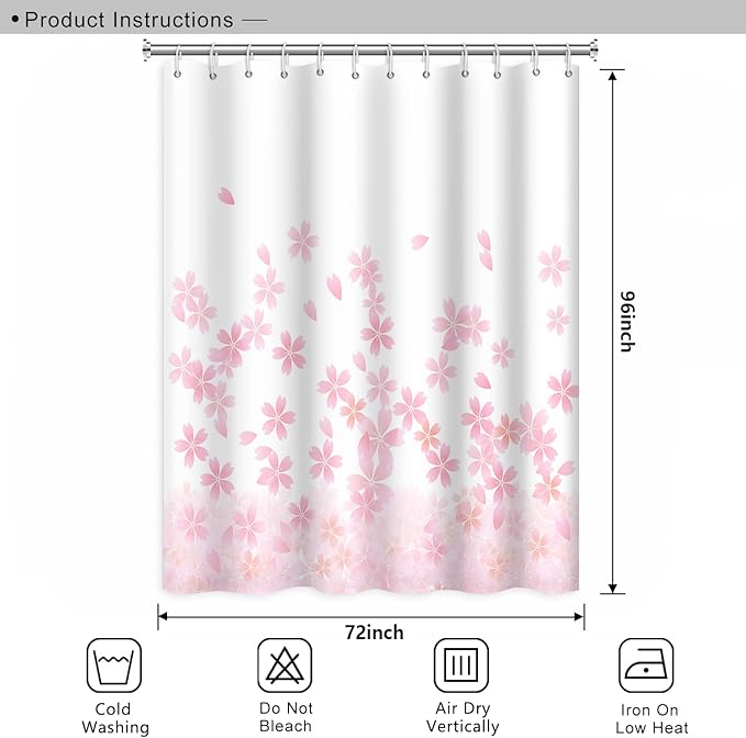 Pink Floral Bathroom Shower Curtain Cherry Blossom Dreamy Flowers Petal Shower Curtain with Hooks Polyester Waterproof Fabric Girly Home Decorative Bathtub, 72x96 Inch