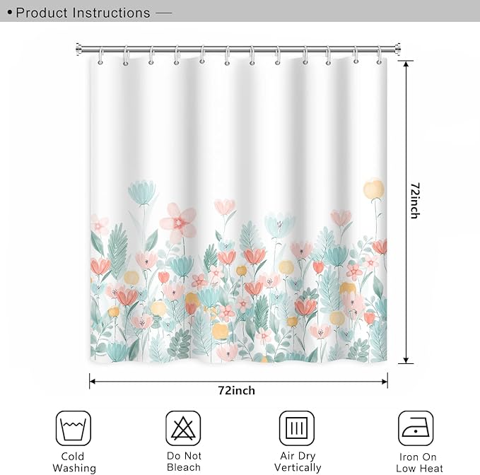 Nature Flower Shower Curtain for Bathroom - Blue and Pink Floral Wild Grass Botanical Design, Modern Aesthetics, Washable Polyester Fabric With Hooks, 72x72 Inch