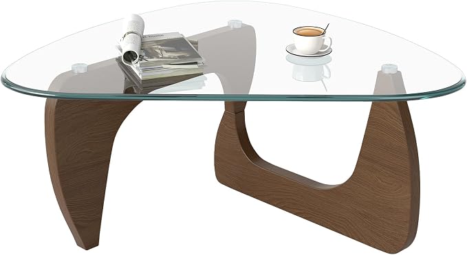 Modern Glass Coffee Table, Triangle Center Table with Tempered Glass Top& Unique Wooden Base, 42.5” Mid Century Tea Tables for Living Room, Apartment, Office,Walnut &Transparent