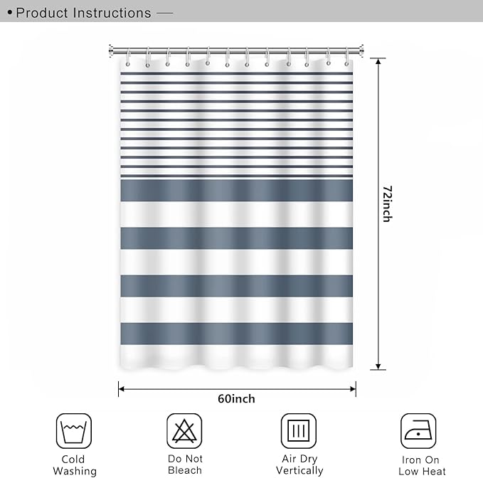 Abstract Stripes Fabric Bathroom Shower Curtain - Navy Blue Lines Modern Minimalist Shower Curtain with Hooks - Polyester Waterproof Artistic Decor, 60x72 Inch