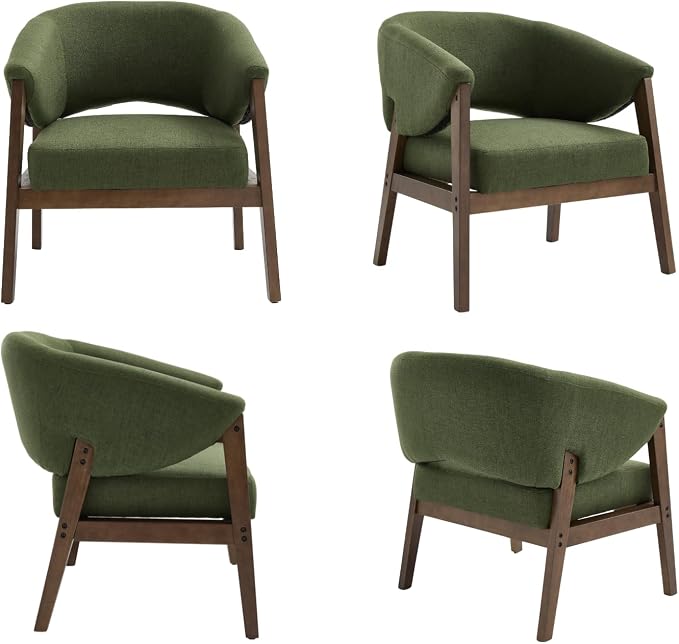 CIMOTA Mid-Century Modern Accent Chair, Comfy Barrel Armchair with Wide Seat, Upholstered Lounge Chair with Walnut Wood Legs for Living Room/Bedroom/Reading Corner, Linen Fabric, Deep Green, 1PC