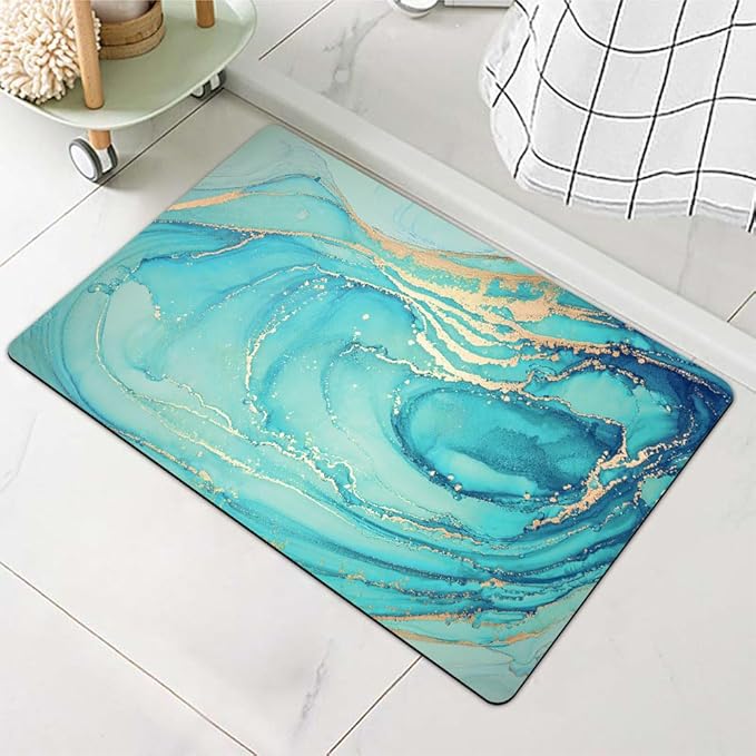 Diatomaceous Earth Bath Mat,Turquoise Marble Non-Slip Volume Super Absorbent Fast Drying for Bathroom Kitchen Door mat,Eco-Friendly Easy to Clean 16×24Inch (40 * 60cm)