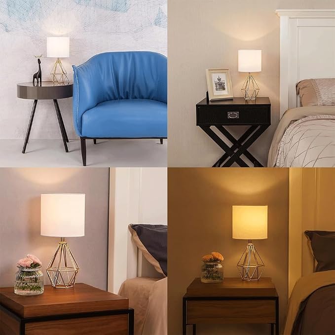 Gold Small Table Lamp Set of 2, Modern Bedside Nightstand Lamps with Geometric Metal Base White Fabric Shade, Cute Desk Lamp for Living Room Bedroom