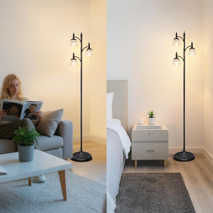 JUNNAI Black Floor Lamp for Living Room,Tall Standing Lamp Dimmable Tree Floor Lamps with 3 Rotatable Lights Glass Shade 66.5'' Modern Corner Lamp for Bedroom Office(3LED Bulbs Included)