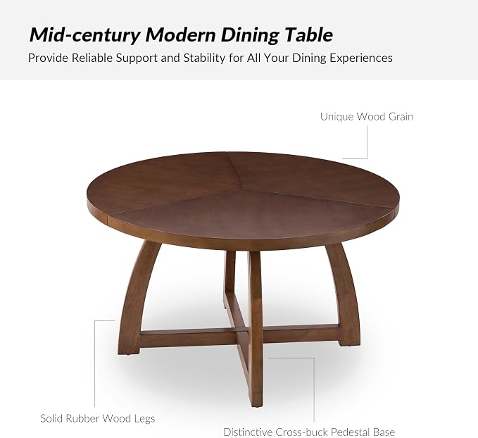 HULALA HOME 54 inch Round Dining Table for 6 People,Rustic Farmhouse Solid Wood Circle Dinner Tables for Small Spaces Dining Room Living Room Kitchen, Walnut