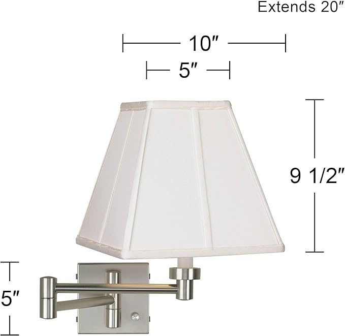 Possini Euro Design Modern Swing Arm Wall Lamp Brushed Nickel Silver Metal Plug-in Light Fixture Ivory Fabric Square Cut Shade for Bedroom Bedside House Reading Living Room Home Hallway Dining