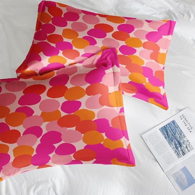 Pamnest Queen Size Bed Sheet Sets, Pink Orange Colorful Soft Microfiber 4 Pcs Bedding Sets for Kids and Adults Bedroom Bed Decor, Geometric Abstract Dots Flat, Fitted Sheet and 2 Pillowcases
