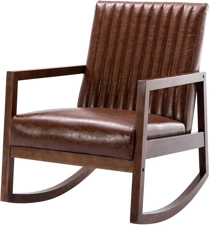 VESCASA Upholstered Rocking Chair with Channel-Tufted Back, Mid-Century Modern Comfy Oil Wax PU Leather Rocker with Black Walnut Wood Frame for Nursery Living Room Bedroom Indoor, Brown