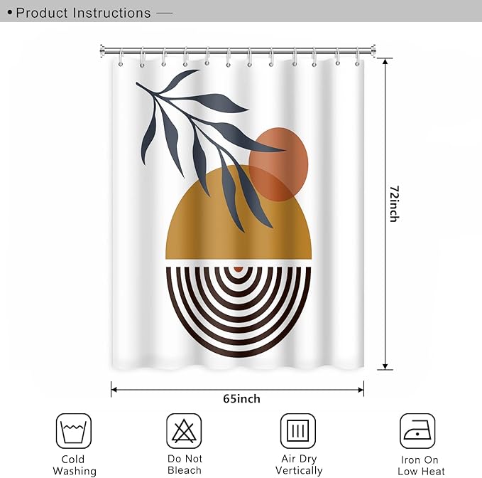 Mid Century Bohemian Bathroom Shower Curtain - Abstract Circle Eucalyptus Leaves Sun Boho Design With Hooks - Waterproof Fabric Polyester Aesthetics Home Decor, 65x72 Inch