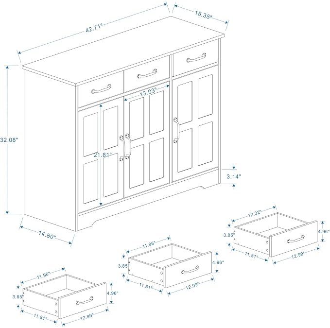 RASOO Sideboard Buffet Cabinet White Field Door Panel Kitchen Side Board Cabinet with Storage 3 Doors and 3 Drawers for Living Room, Kitchen (Grid Doors)