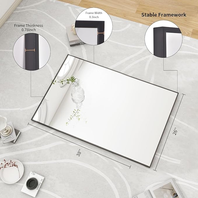 BEAUTYPEAK Wall Mirror Rectangular Bathroom Mirror with Metal Frame, Hangs Horizontal or Vertical for Living Room Bedroom Bathroom Entryway