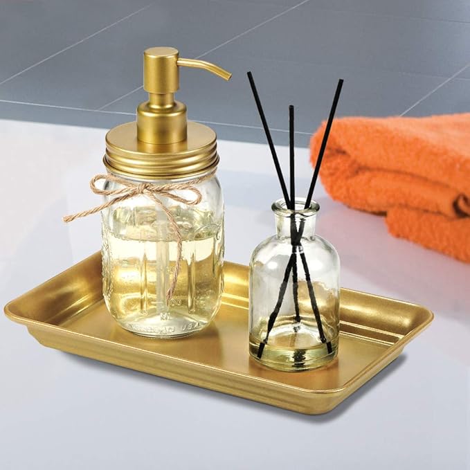 Vintage Farmhouse Decor Metal Vanity Tray(2 Pack),Countertop Guest Hand Towel Storage Organizer Tray Dispenser, Sturdy Holder for Perfume,Cosmetics, Jewelry, Makeup Bathroom Organizer(Gold)