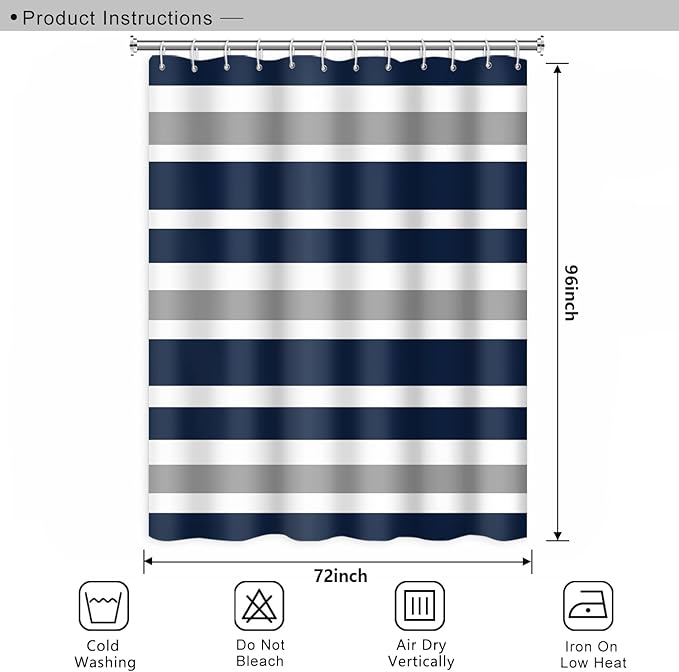 Stripes Fabric Bathroom Curtain Dark Blue Grey Modern Minimalist Shower Curtain with Hooks Polyester Waterproof Abstract Artistic Decor, 72x96 Inch