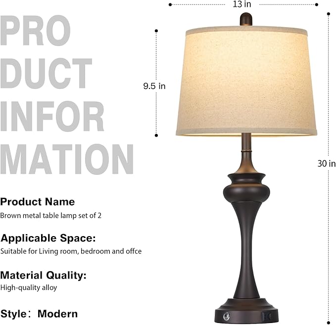 Rinweey 30" Brown Table Lamps for Bedroom, 3-Way Touch Control Bedside Lamps Set of 2, Tall Lamp for Living Room with USB A+C Ports, Elegant Coffee Night Stand Lamp for End Table, 2 Bulbs Included