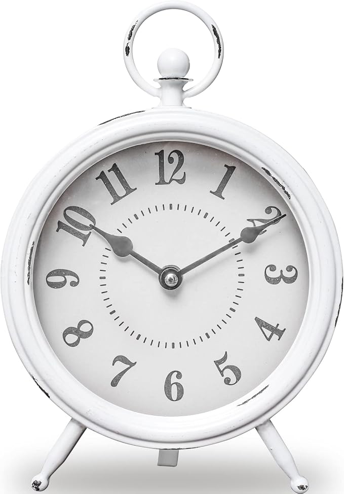 EMAX HOME Vintage Rustic White Table Clock on Stand, Decorative Desk & Shelf Clock, Rustic Mantel Farmhouse Non-Ticking
