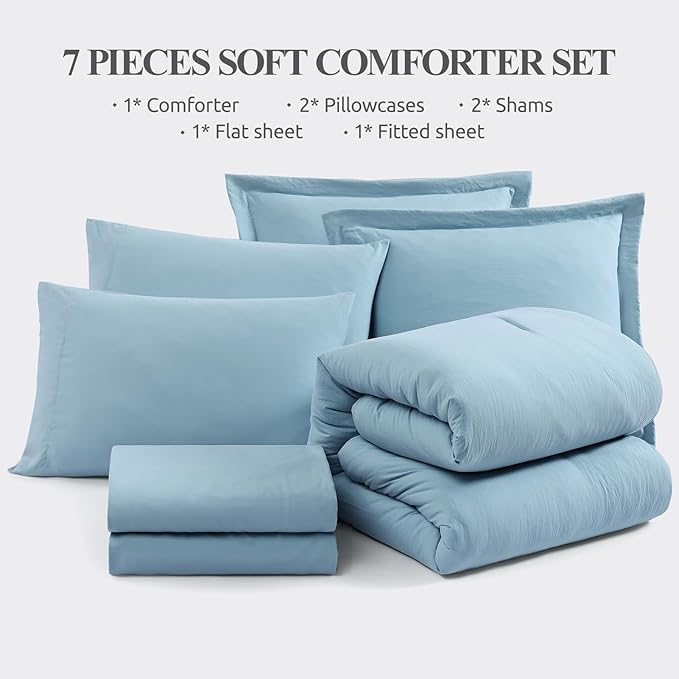WRENSONGE King Size Comforter Set- 7 Pieces Soft Blue Bed in a Bag with Fitted Sheet, Flat Sheet, 2 Pillow Shams, and 2 Pillowcases- Warm King Bedding Set for All Season
