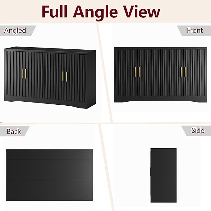 55" Modern Sideboard Buffet Cabinet with Storage, 4 Door Fluted Credenza Table Media Console Cabinet Entryway Cabinets for Living Room Kitchen, Black