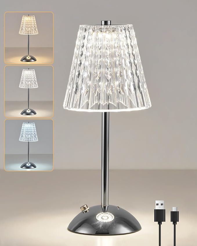 Rechargeable Table Lamp Chrome, LED Small Desk Lamp Battery Operated, Dimmable & 3 Color Bedside Reading Light, Cordless Touch Lamps for Bedroom Living Room Kitchen Counter Bar Restaurant