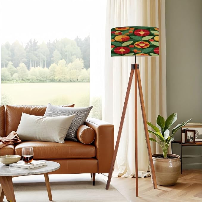 Wood Tripod Floor Lamp Flowers leaves nature Abstract geometric seamless Decorative ornament Mid Century Standing Lamp Linen Shade Dimmable Modern Tall lamp Home Decor for Living Room Bedroom Office