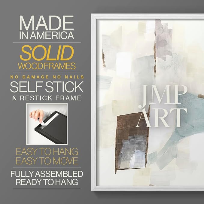 Renditions Gallery Set of 2 Peel & Stick Framed Prints, Abstract Wall Art, Minimalist Color Block Brush Strokes Wall Decor, Re-Stickable - Ready to Hang - 11"x14" - White Frame LT588