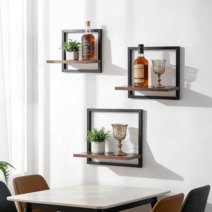 Wall Shelves for Living Room - Set of 3 Geometric Decorative Floating Shelf for Home Decor - Modern Industrial Wall Mounted Shelving Unit for Bedroom Bathroom Corner (Rustic Brown and Black)
