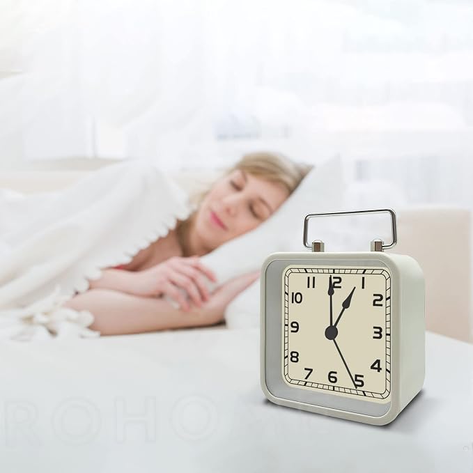 Rohome Small Alarm Clock, Retro Silent Quartz Movement with Night Light, Decorative Vintage Non Ticking Clock for Living Room, Office, Desk, Bedroom, Bedside, Hotel, Shelf, Nightstand (White)