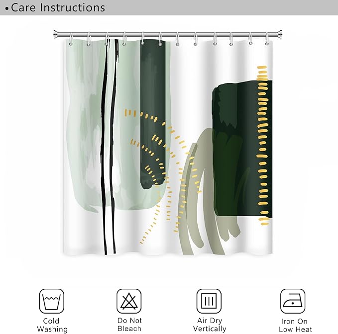 Abstract Geometric Shower Curtain Watercolor Green Painting Gold Pattern Design for Modern Minimalist Bathroom Decor Accessories Shower Curtain Set with 12 Hooks, 72x84 Inches