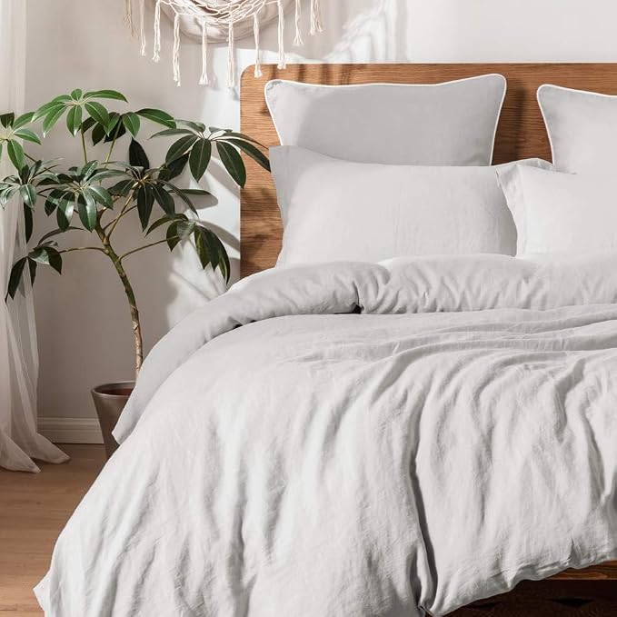 Simple&Opulence 100% Linen Duvet Cover Set, 3 PCS Natural French Flax Light Grey Duvet Cover Full Size, Breathable Soft Comfy Linen Bedding Comforter Cover with 2 Pillowcases(Light Grey, 78"x86")