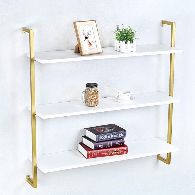Industrial Metal Wall Shelf,Floating Wood Shelves Wall Mounted,36in Iron Real Wood Book Shelves,3 Tier Bookshelf Shelving