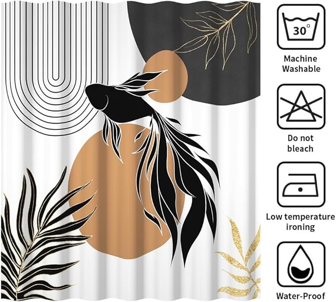 Boho Abstract Goldfish Shower Curtain Modern Abstract Minimalist Neutral Bathroom Decor Arch Sun Black Gold Leaf Chic Aesthetic Bath Curtains Washable Waterproof Polyester Fabric with Hooks 72x78 Inch