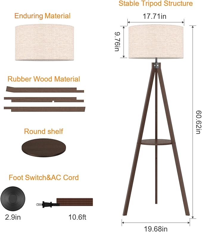 LEPOWER Mid Century Wood Standing Lamp, Modern Design Shelf Floor Lamp for Living Room, Bedroom, Office, Flaxen Shade with E26 Base, Perfect for Reading or Ambient Lighting Dark Brown