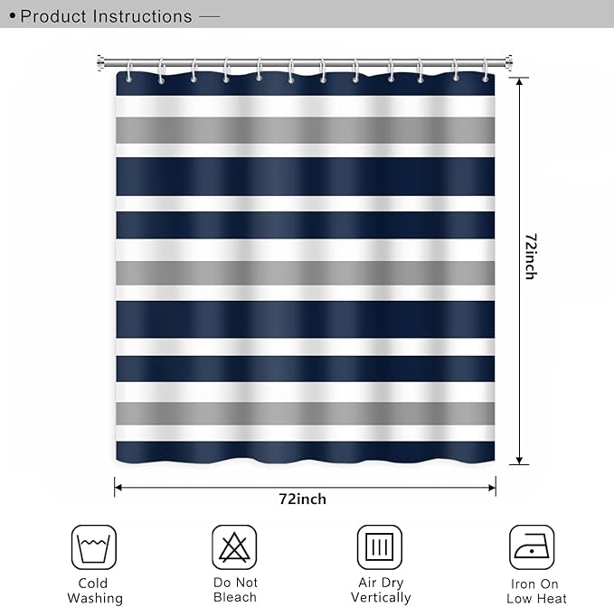 Stripes Fabric Bathroom Curtain Dark Blue Grey Modern Minimalist Shower Curtain with Hooks Polyester Waterproof Abstract Artistic Decor, 72x72 Inch