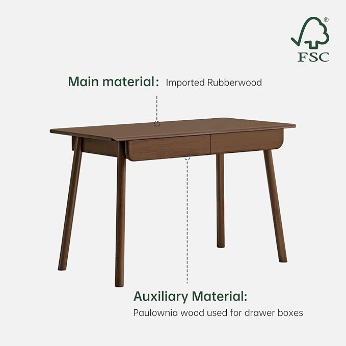 YESWOOD 100% Solid Wood Desk with Drawers, Walnut Color Office Desk, Mid Century Modern Writing Desk for Study Bedroom Living Room 41.33" W