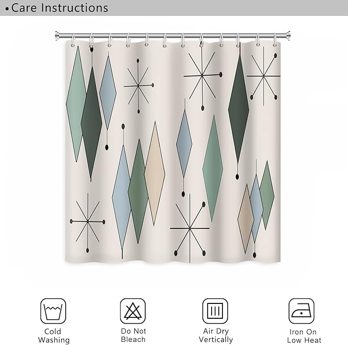 Mid Century Shower Curtain Modern Abstract Diamond Geometric Atomic Starburst Pattern for 1950s Retro Bathroom Decor Accessories Shower Curtain Set with 12 Hooks, 72x78 Inches