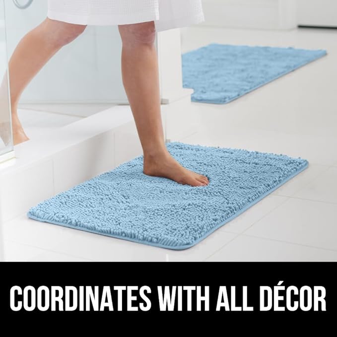 GORILLA GRIP Bath Rug Mat, Thick Soft Absorbent Chenille, Quick Dry Microfiber Mats, Rubber Backing Washable Shower Floor Rugs, US Designed Bathroom Bathmat Home Decor Accessories, 24x17, Sky
