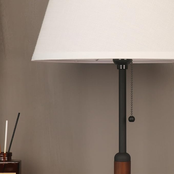 21" Modern Bedside Lamp Mid Century Table Lamp, Pull Chain Nightstand Lamp for Bedroom Living Room 3-Color Light, Solid Wood/Metal/Fabric for Home/Office/Desk Decor (Off White+Sand Black)