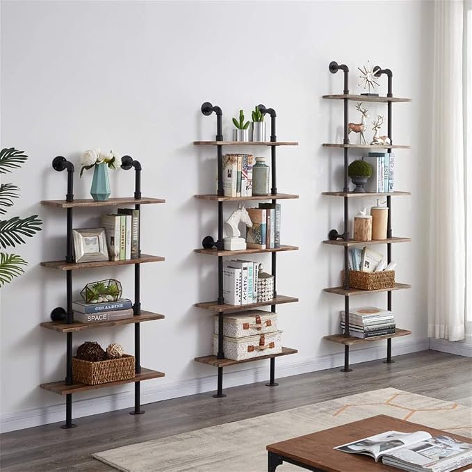 HOMBAZAAR Industrial Pipe Bookshelf,6 Tier Pipe Shelving,Wall Mounted Ladder Shelves with Metal Frame for Home Office,Living Room,Oak Brown