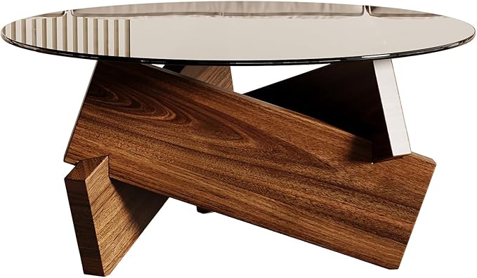 Honyee Modern Round Coffee Table, 30.7" x 30.7" x 16.1" Tempered Glass Top for Living Room, Color: Walnut