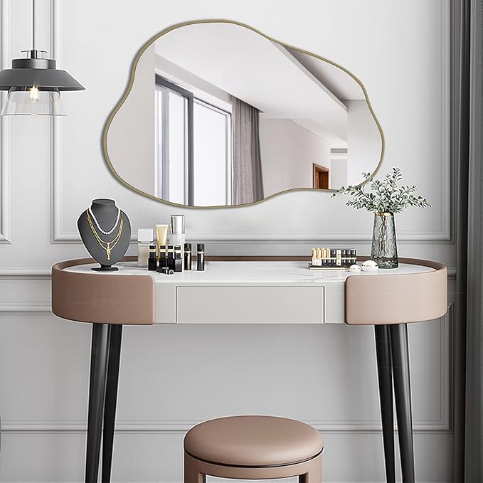 POZINO Gold Irregular Mirror, 30"x20.5" Cloud Shaped Mirrors, Asymmetrical Wall Mirror, Modern Abstract Frameless Mirrors for Living Room Bathroom Bedroom Entryway