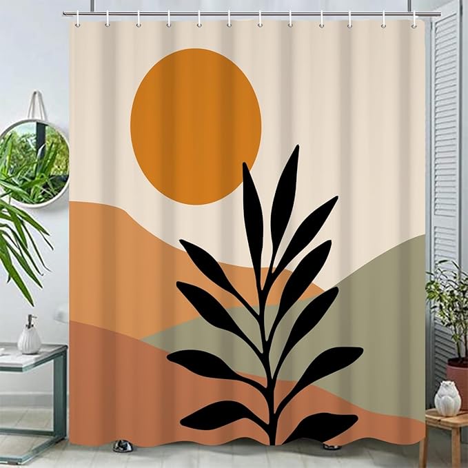 Bohemian Bathroom Shower Curtain Orange Sun Eucalyptus Leaves Abstract Mountain Boho Theme Bath Curtain with Hooks Waterproof Fabric Polyester Shower Curtain Modern Home Decor, 48x72 Inch