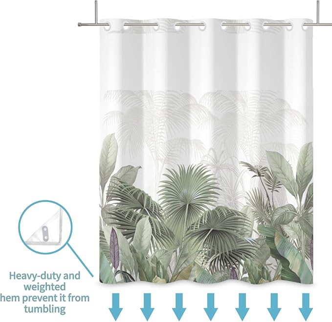 No Hook Shower Curtain with Snap in Liner Green Leaves Tropical Shower Curtains for Bathroom Sets Gradient Textured Bath Curtains with Mesh Top Window Fabric Waterproof Washable 71x74 Inch